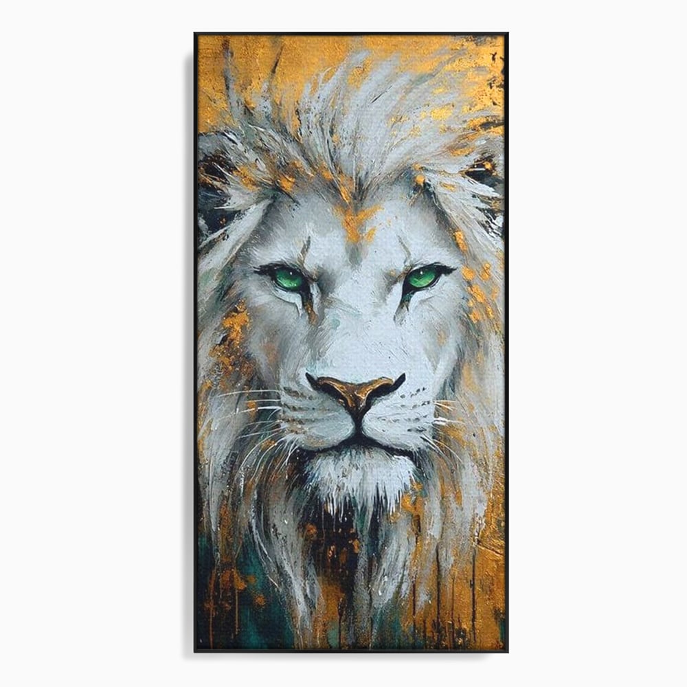 Tablou canvas cu tablou canvas cu leu alb si ochi verzi, in rama de aluminiu negru